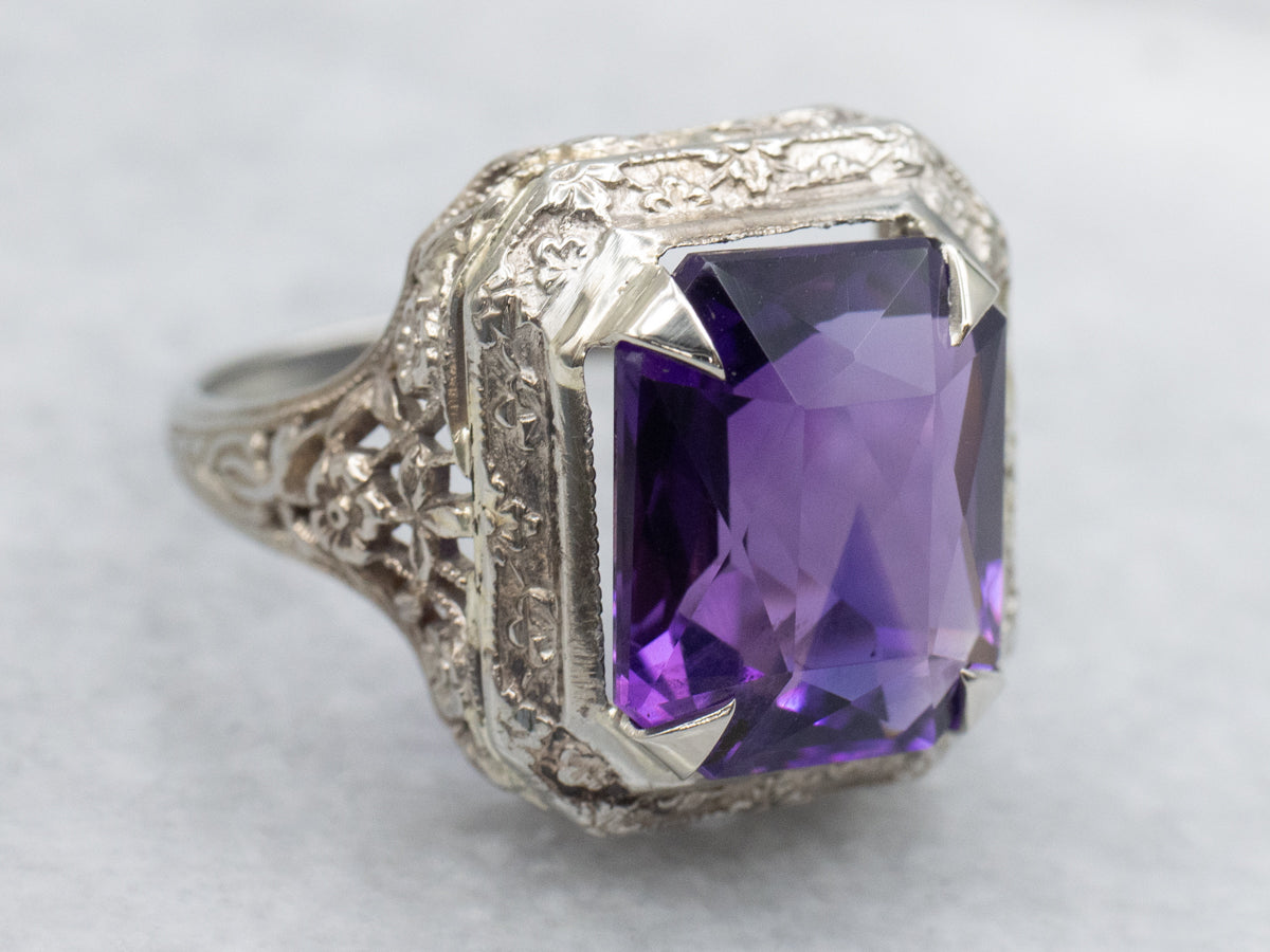 Art Deco Emerald Cut Amethyst Ring Floral Filigree