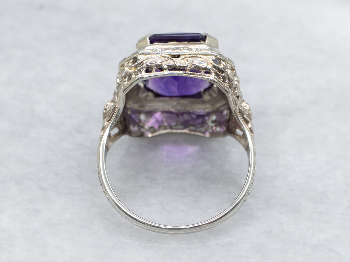 Art Deco Emerald Cut Amethyst Ring Floral Filigree