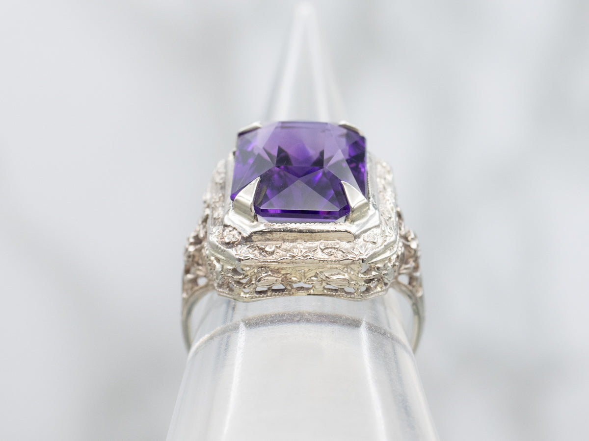 Art Deco Emerald Cut Amethyst Ring Floral Filigree