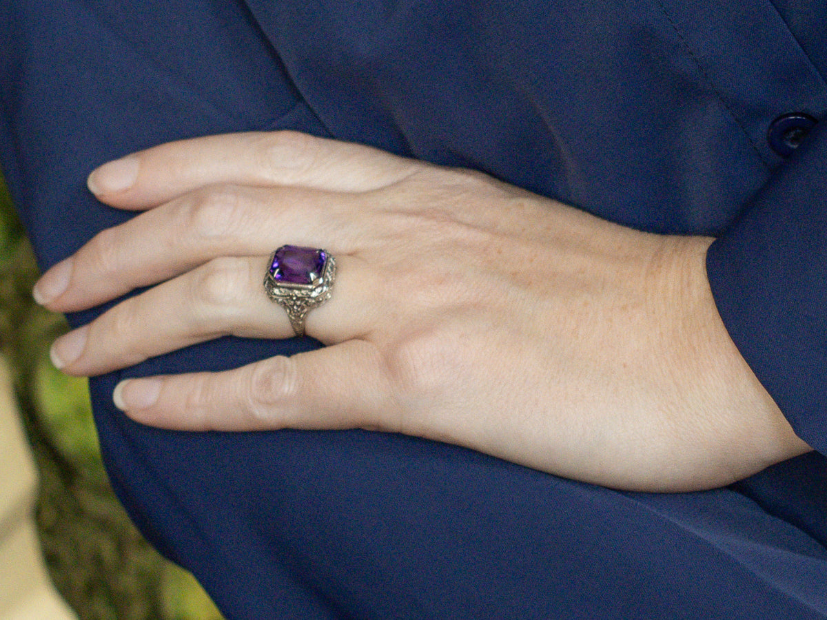 Art Deco Emerald Cut Amethyst Ring Floral Filigree