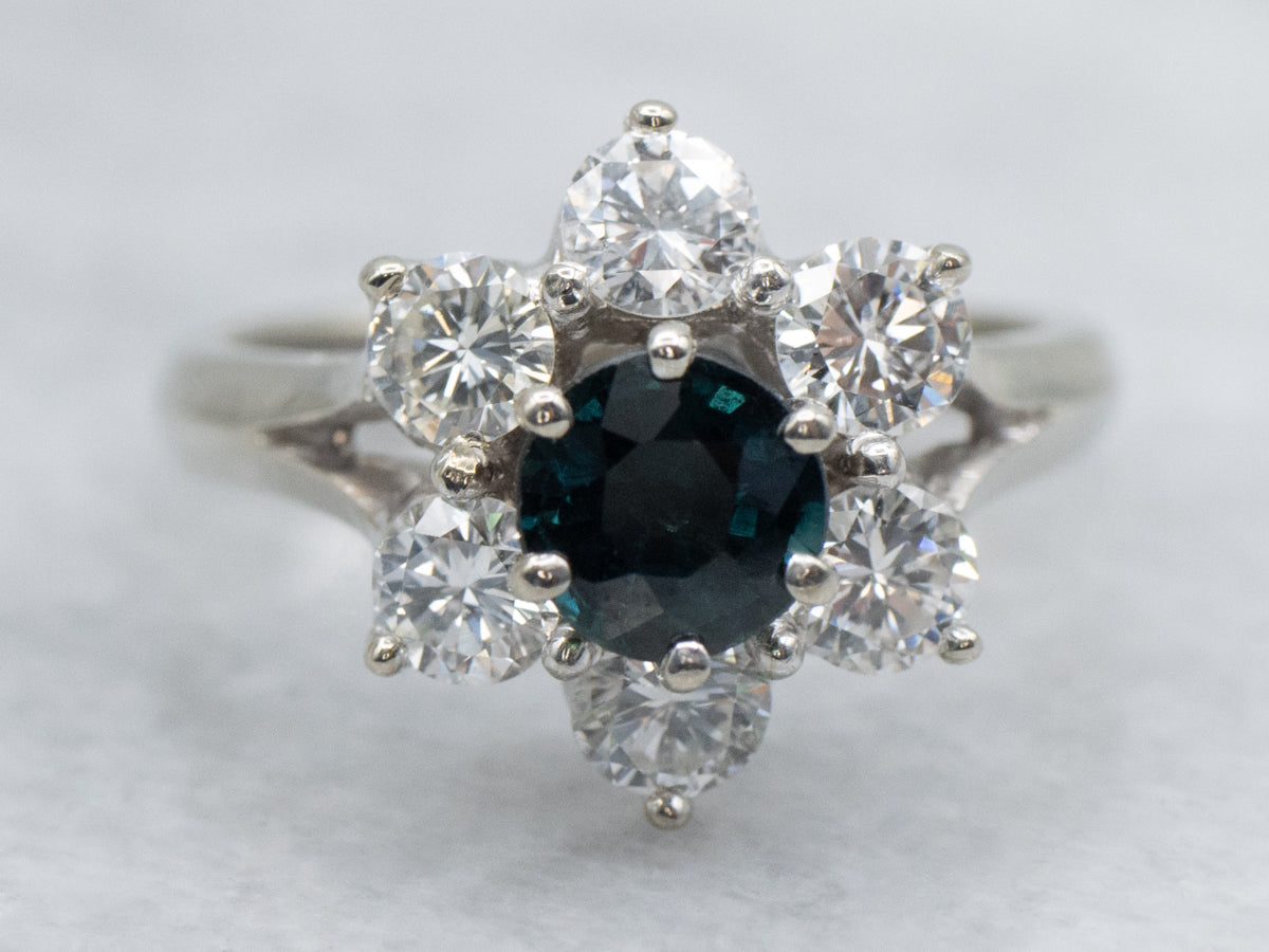 Sapphire and Diamond Halo White Gold Flower Ring