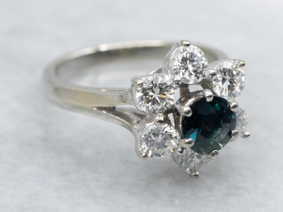 Sapphire and Diamond Halo White Gold Flower Ring