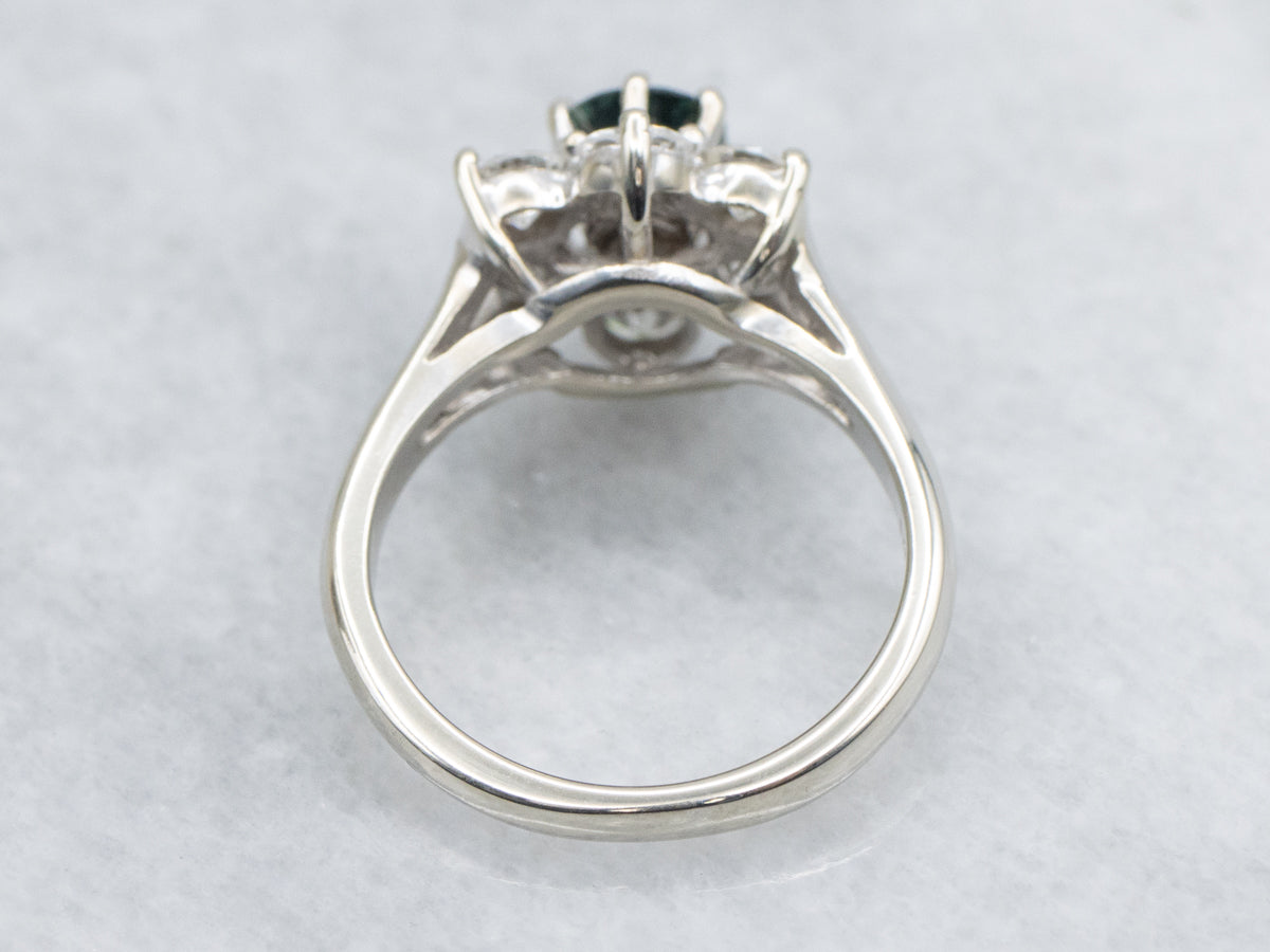 Sapphire and Diamond Halo White Gold Flower Ring