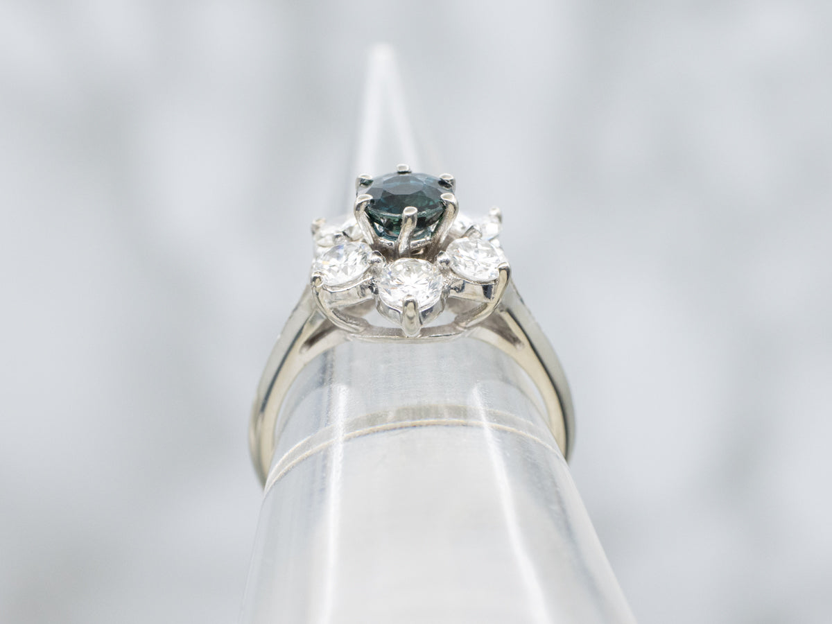 Sapphire and Diamond Halo White Gold Flower Ring