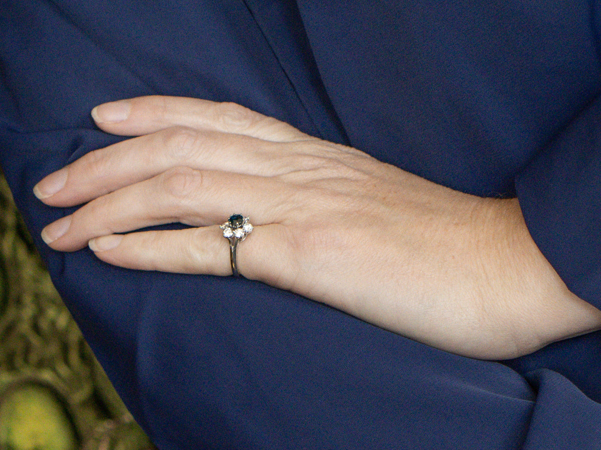 Sapphire and Diamond Halo White Gold Flower Ring