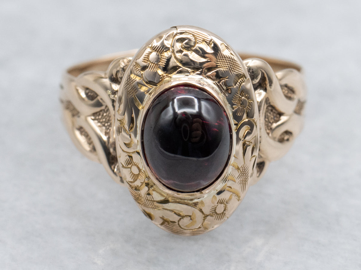 Garnet Cabochon Floral Engraved Gold Statement Ring
