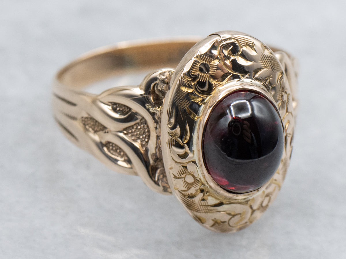 Garnet Cabochon Floral Engraved Gold Statement Ring