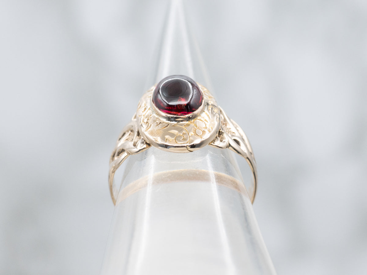 Garnet Cabochon Floral Engraved Gold Statement Ring