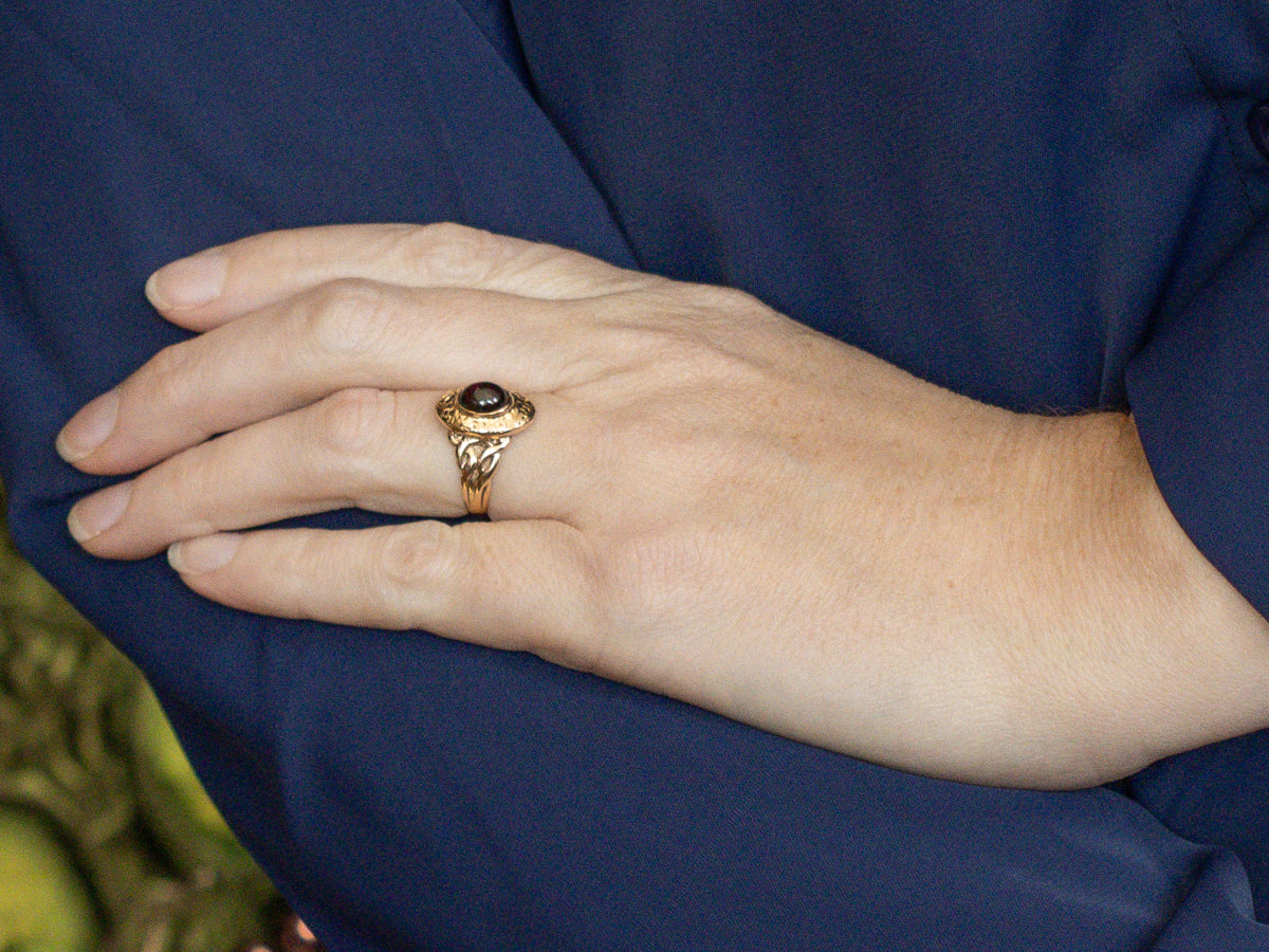 Garnet Cabochon Floral Engraved Gold Statement Ring