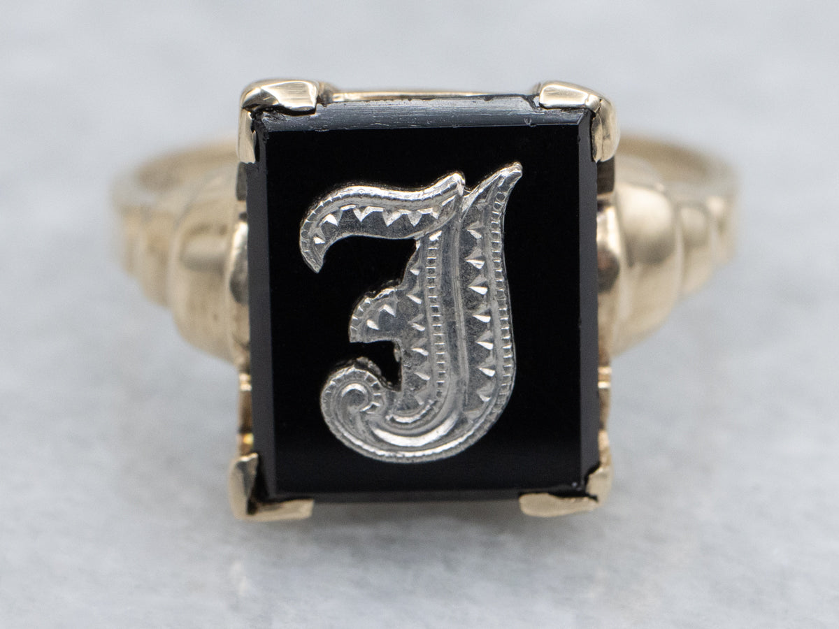 Retro Era Two Tone Gold "J" Monogrammed Black Onyx Signet Ring