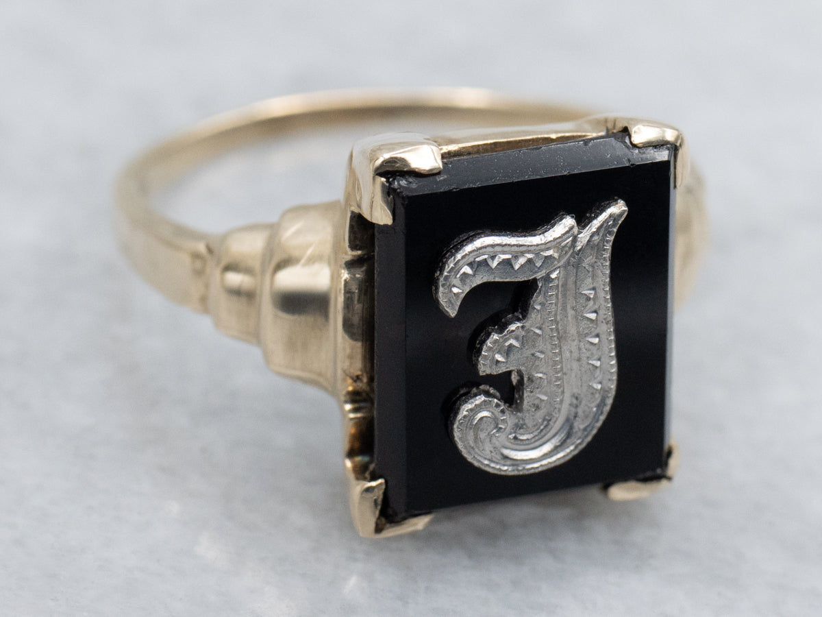 Retro Era Two Tone Gold "J" Monogrammed Black Onyx Signet Ring
