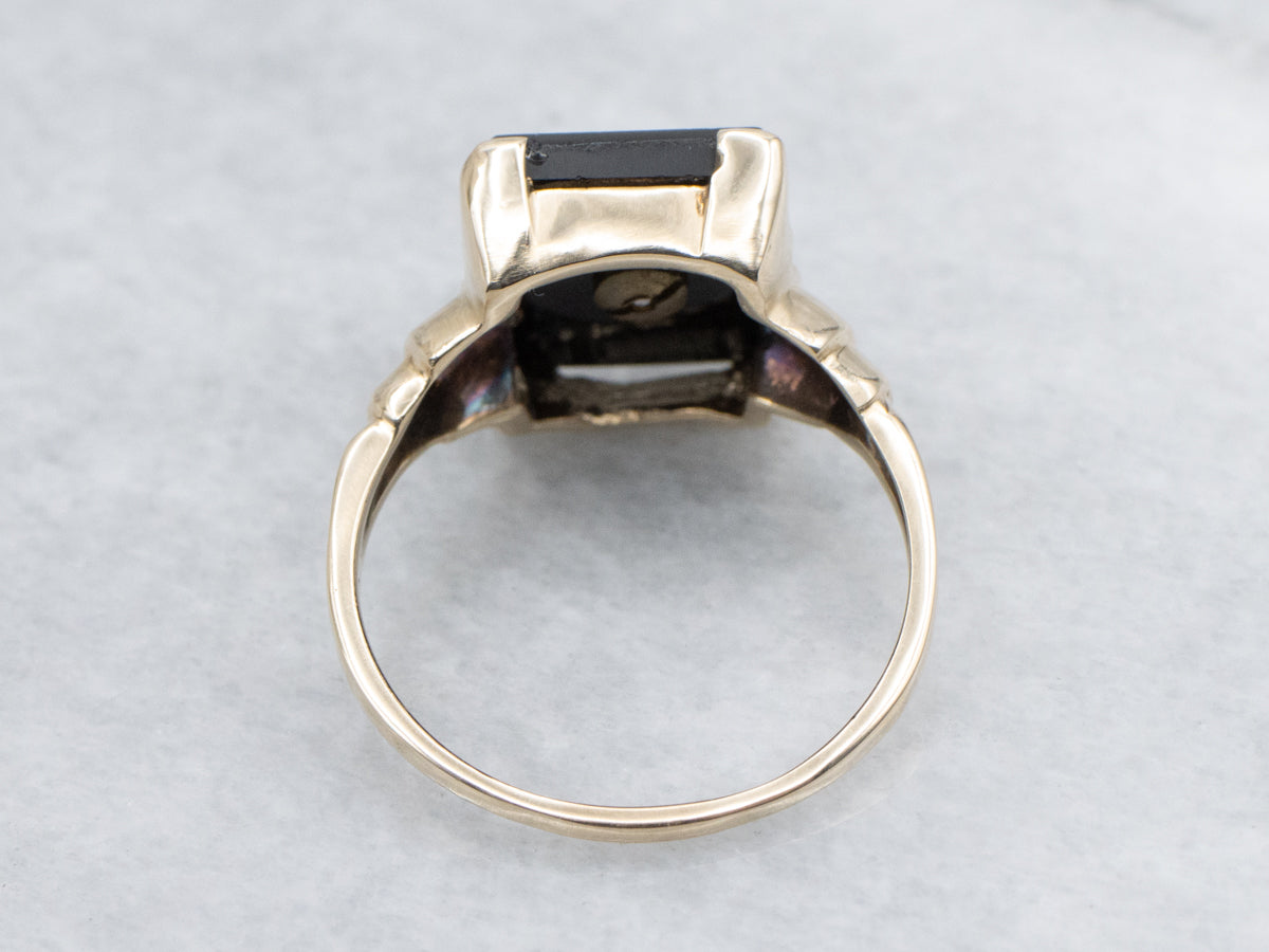 Retro Era Two Tone Gold "J" Monogrammed Black Onyx Signet Ring
