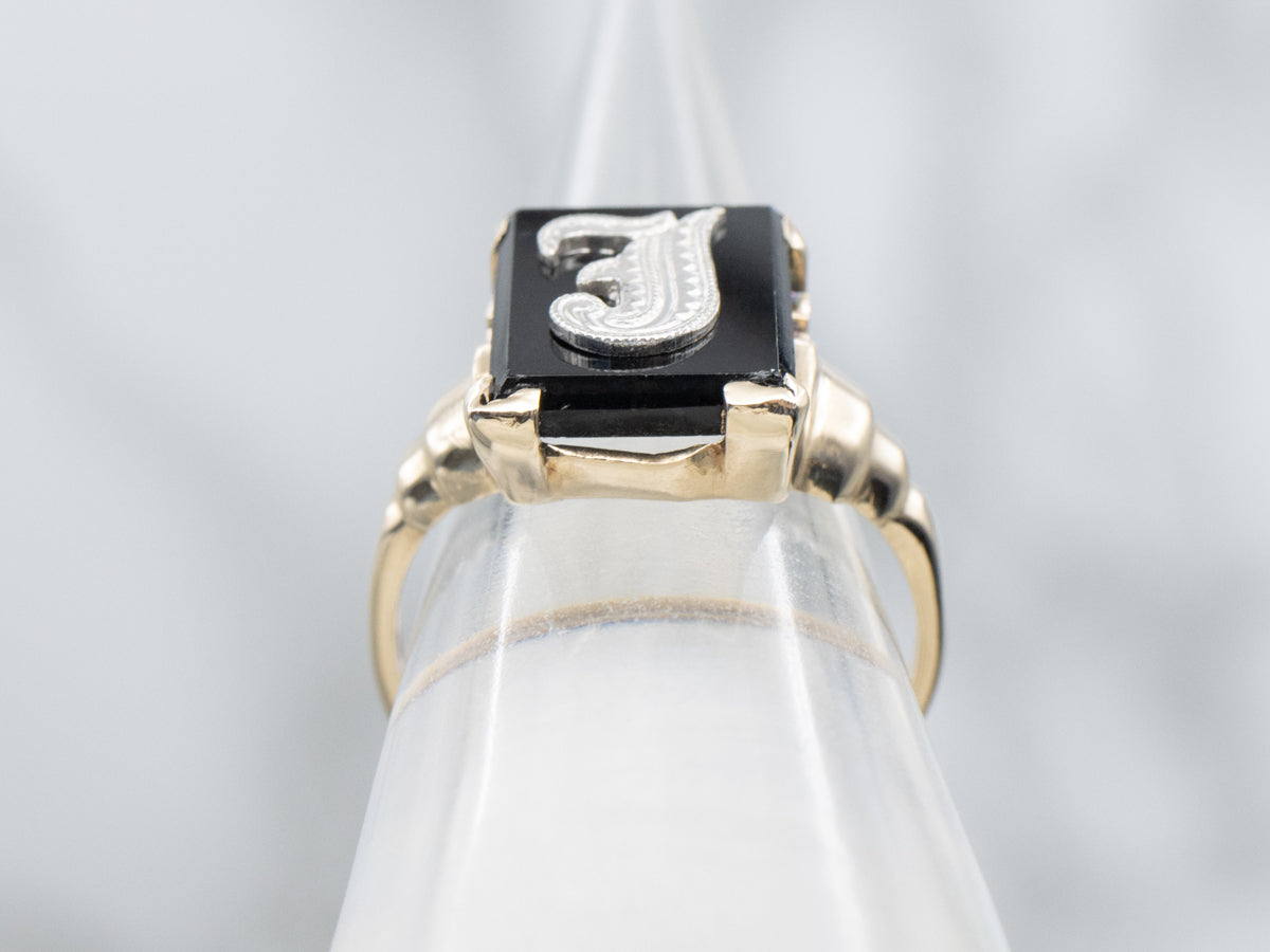 Retro Era Two Tone Gold "J" Monogrammed Black Onyx Signet Ring