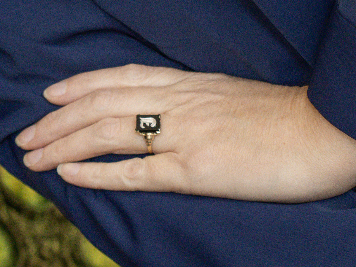 Retro Era Two Tone Gold "J" Monogrammed Black Onyx Signet Ring