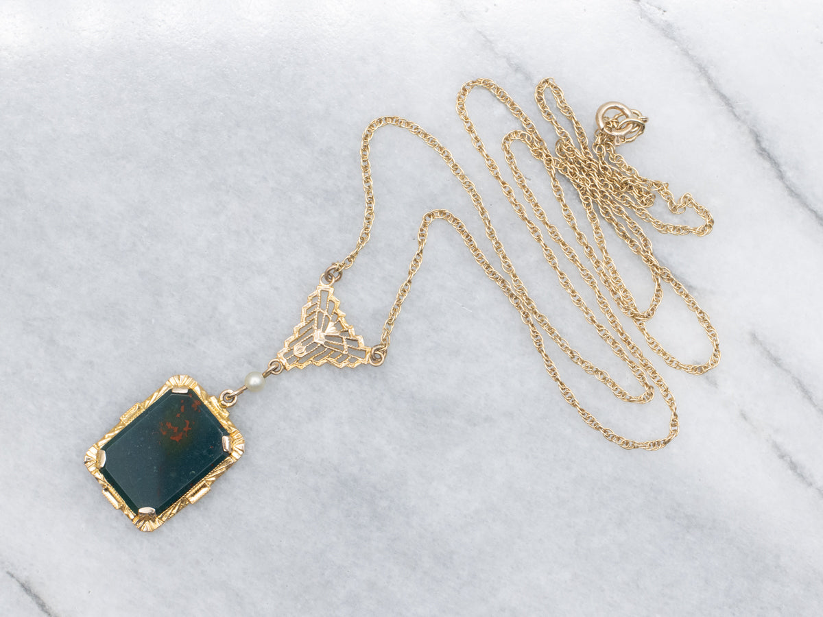 Vintage 10K Gold Bloodstone and Seed Pearl Pendant Necklace