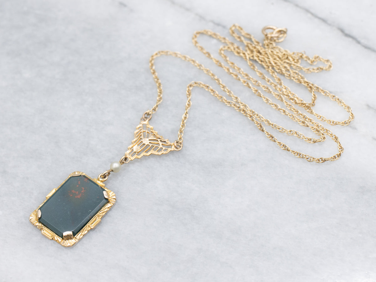 Vintage 10K Gold Bloodstone and Seed Pearl Pendant Necklace