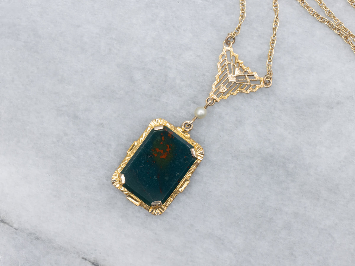 Vintage 10K Gold Bloodstone and Seed Pearl Pendant Necklace