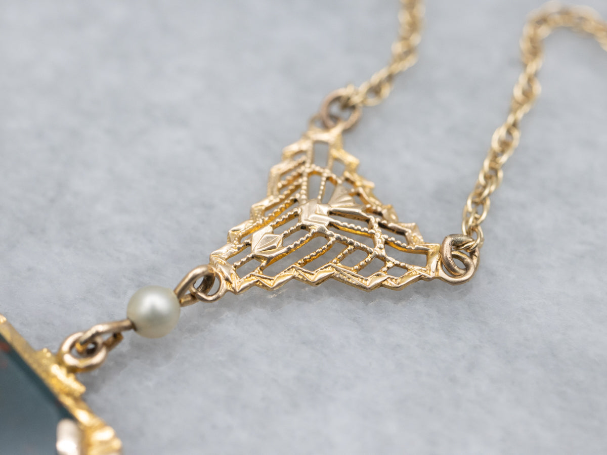 Vintage 10K Gold Bloodstone and Seed Pearl Pendant Necklace