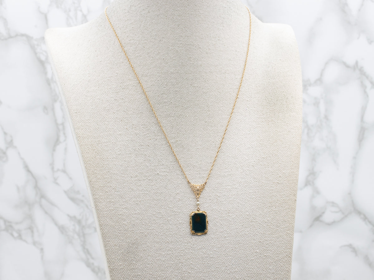 Vintage 10K Gold Bloodstone and Seed Pearl Pendant Necklace