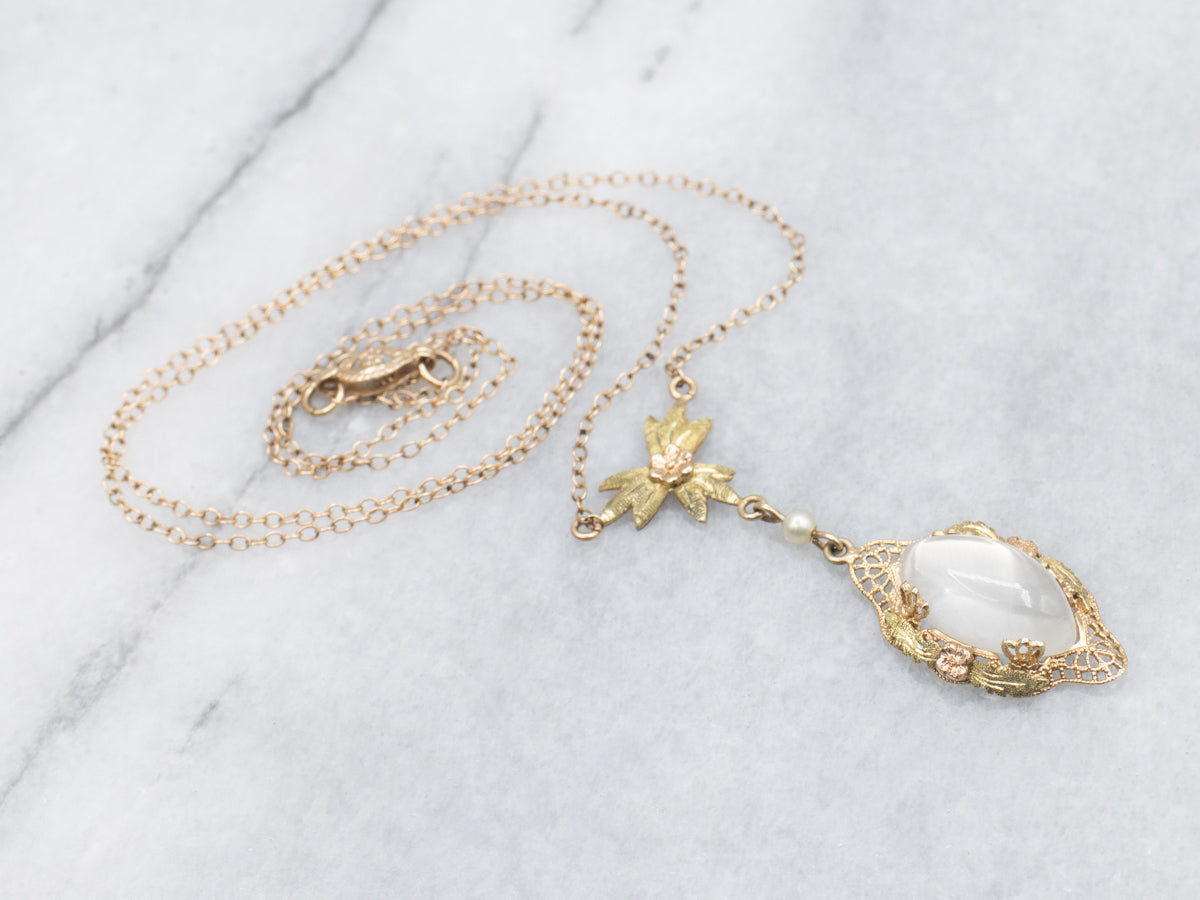 Retro Era Moonstone and Faux Pearl Necklace with Floral Detail