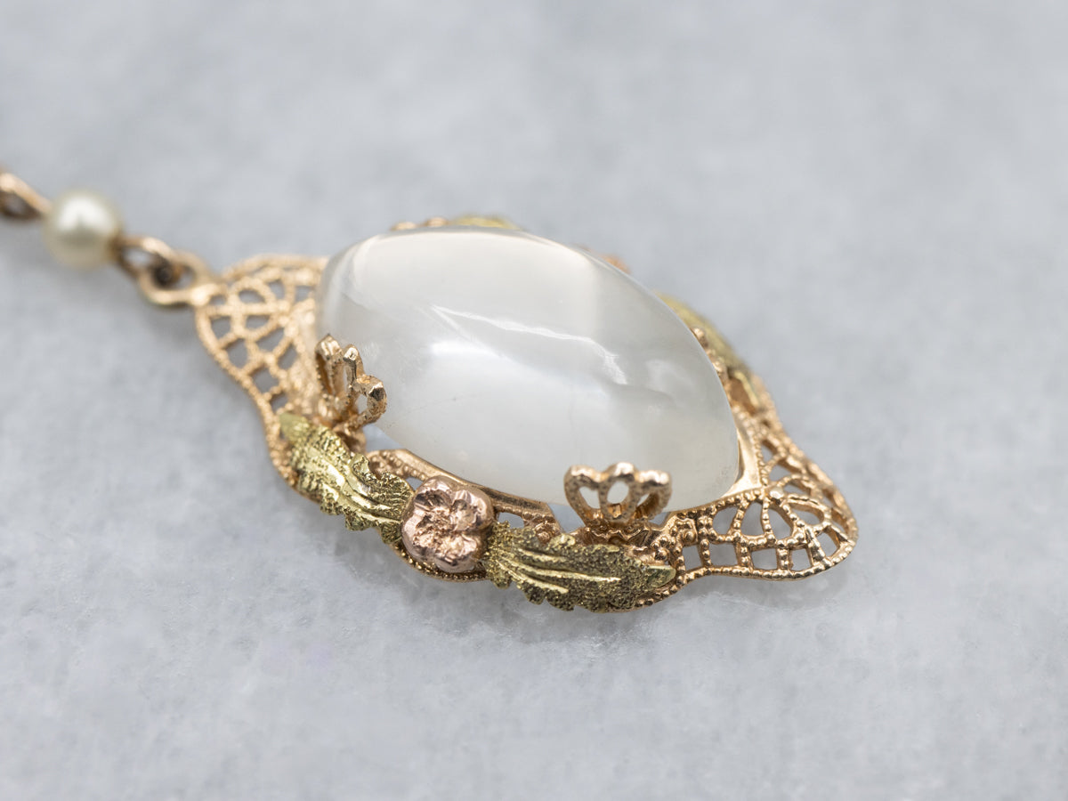 Retro Era Moonstone and Faux Pearl Necklace with Floral Detail