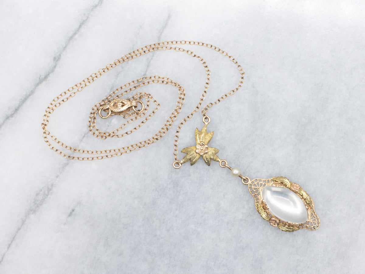 Retro Era Moonstone and Faux Pearl Necklace with Floral Detail