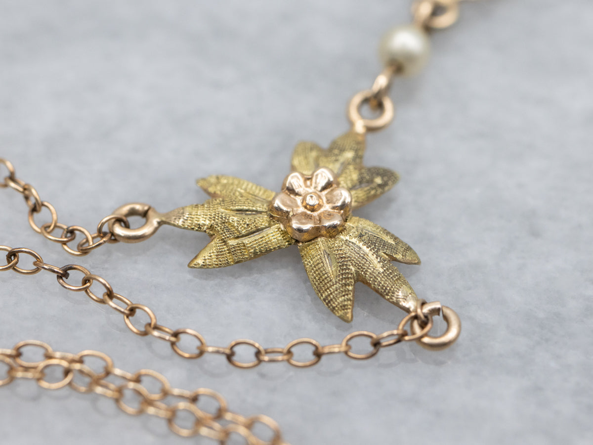 Retro Era Moonstone and Faux Pearl Necklace with Floral Detail