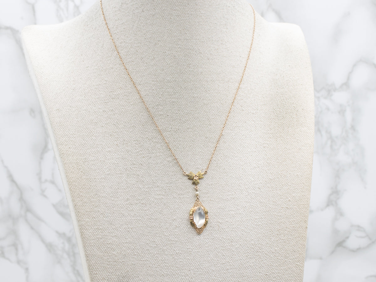 Retro Era Moonstone and Faux Pearl Necklace with Floral Detail