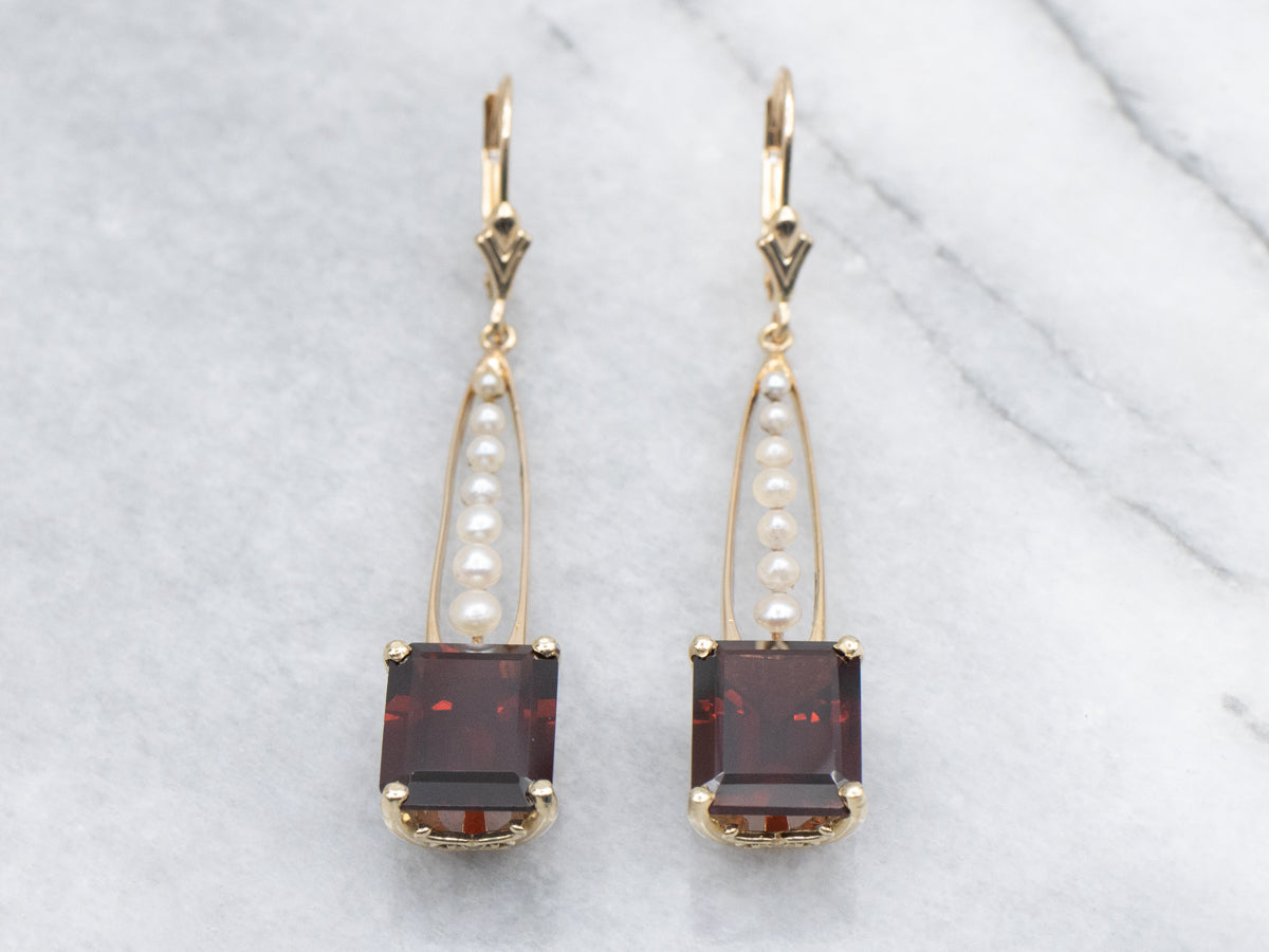 14K Yellow Gold Garnet Seed Pearl Dangle Earrings