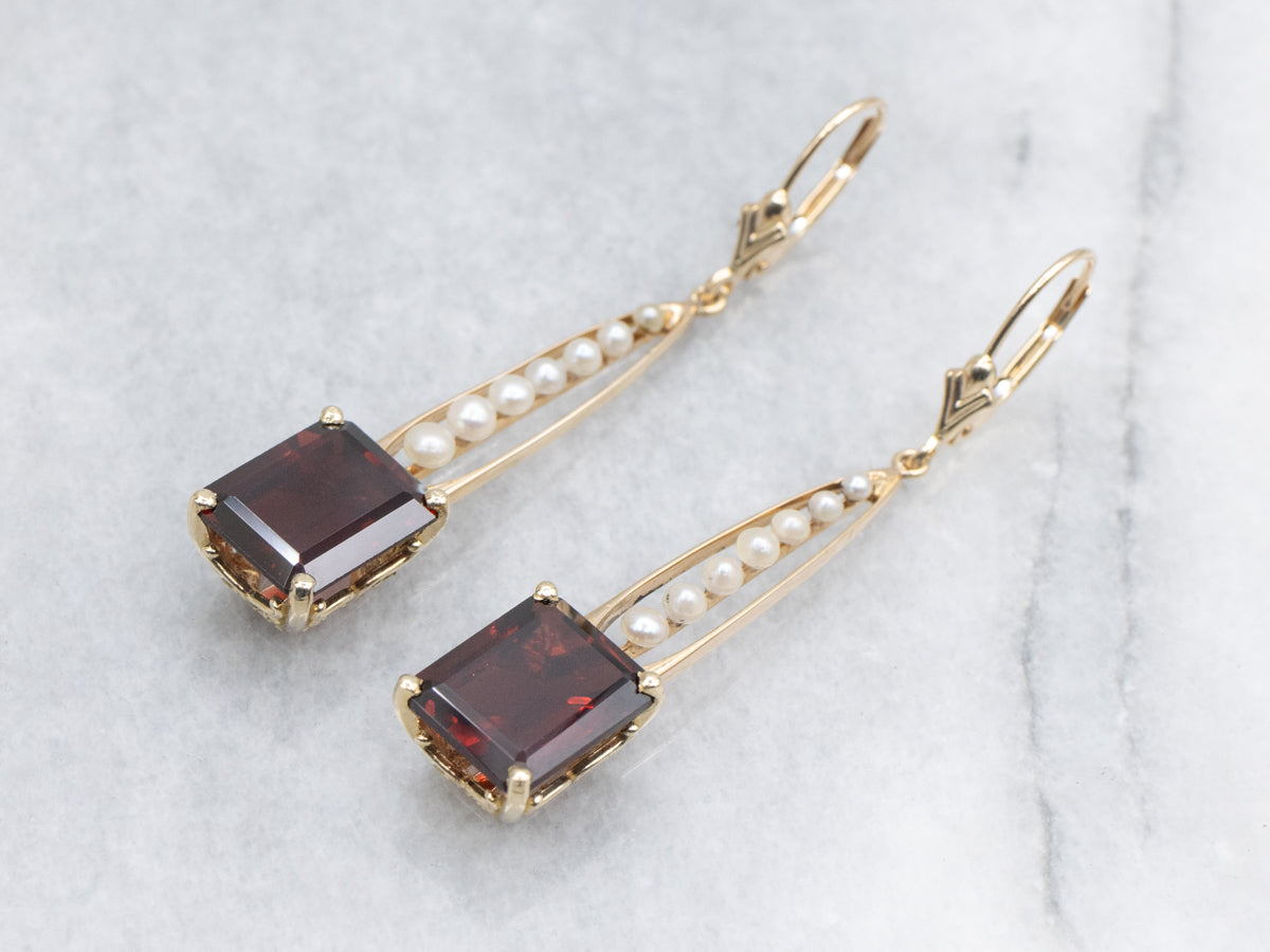 14K Yellow Gold Garnet Seed Pearl Dangle Earrings