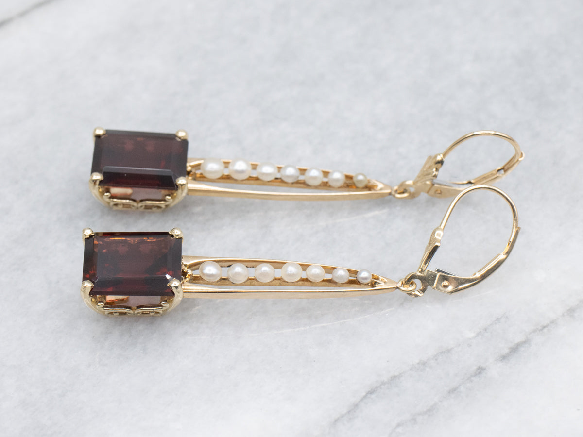 14K Yellow Gold Garnet Seed Pearl Dangle Earrings