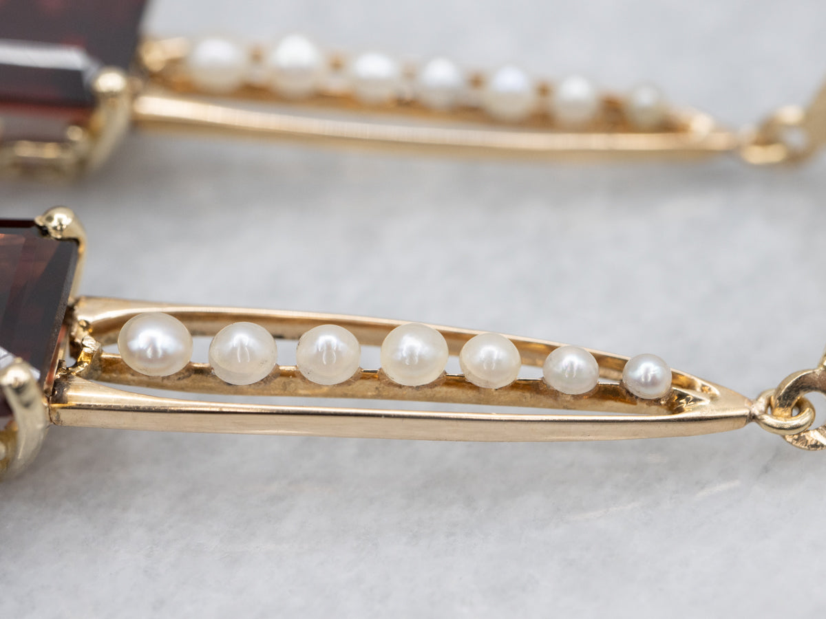 14K Yellow Gold Garnet Seed Pearl Dangle Earrings