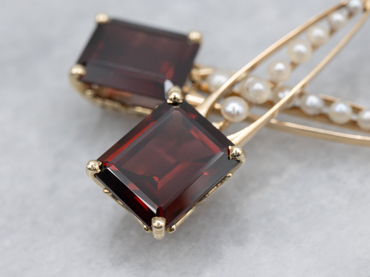 14K Yellow Gold Garnet Seed Pearl Dangle Earrings