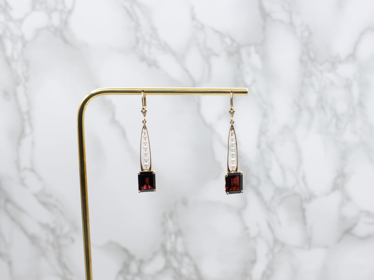14K Yellow Gold Garnet Seed Pearl Dangle Earrings