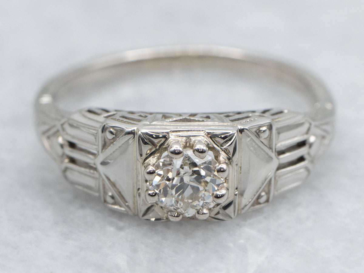 Late Art Deco Old Mine Cut Diamond 18K White Gold Ring