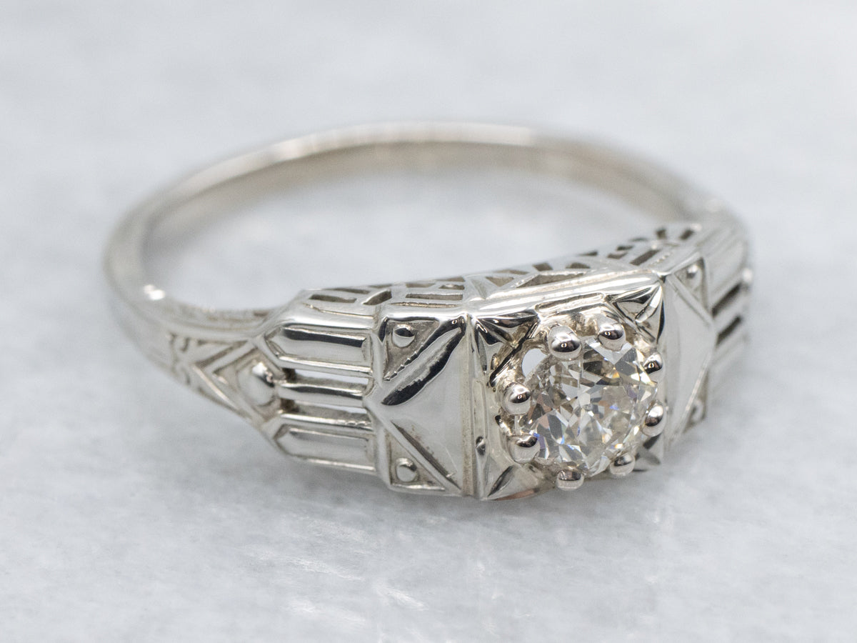 Late Art Deco Old Mine Cut Diamond 18K White Gold Ring