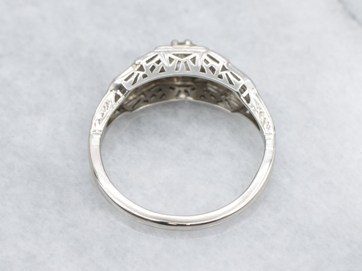 Late Art Deco Old Mine Cut Diamond 18K White Gold Ring