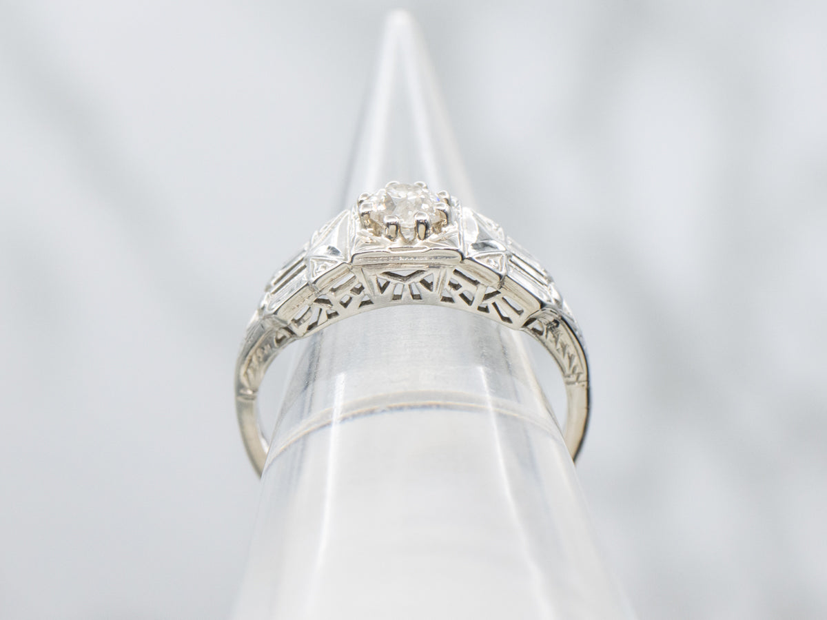 Late Art Deco Old Mine Cut Diamond 18K White Gold Ring