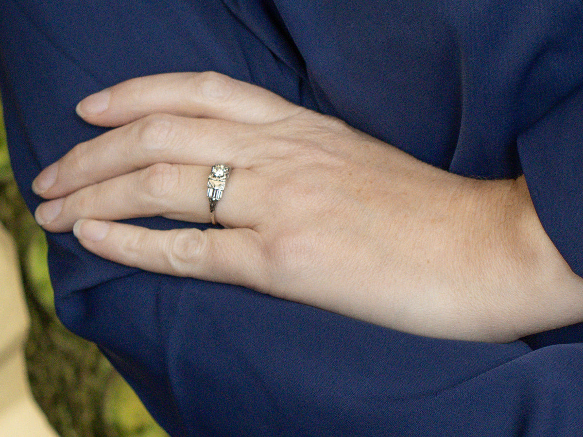 Late Art Deco Old Mine Cut Diamond 18K White Gold Ring