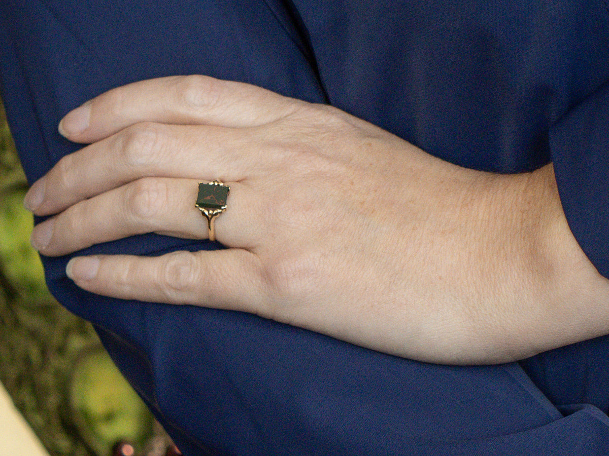 Victorian Revival 10K Gold Bloodstone Cabochon Ring