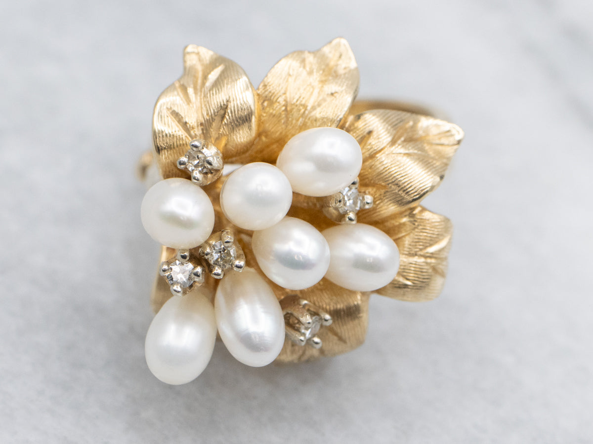 Vintage Polished Gold Pearl and Diamond Flower Ring