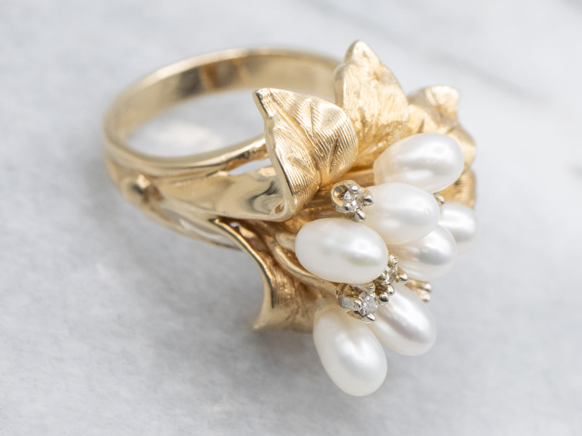 Vintage Polished Gold Pearl and Diamond Flower Ring