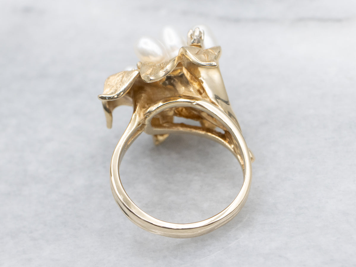Vintage Polished Gold Pearl and Diamond Flower Ring