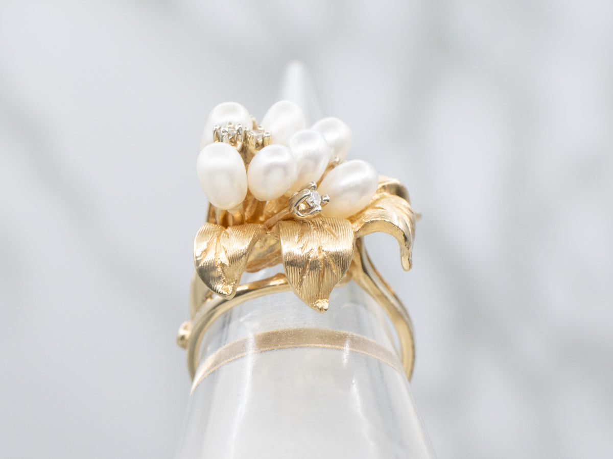 Vintage Polished Gold Pearl and Diamond Flower Ring