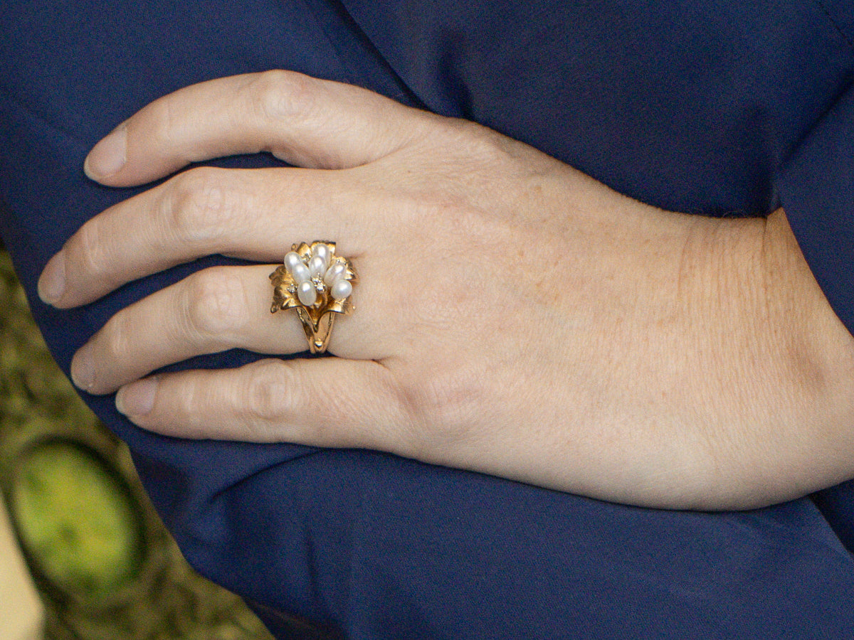 Vintage Polished Gold Pearl and Diamond Flower Ring