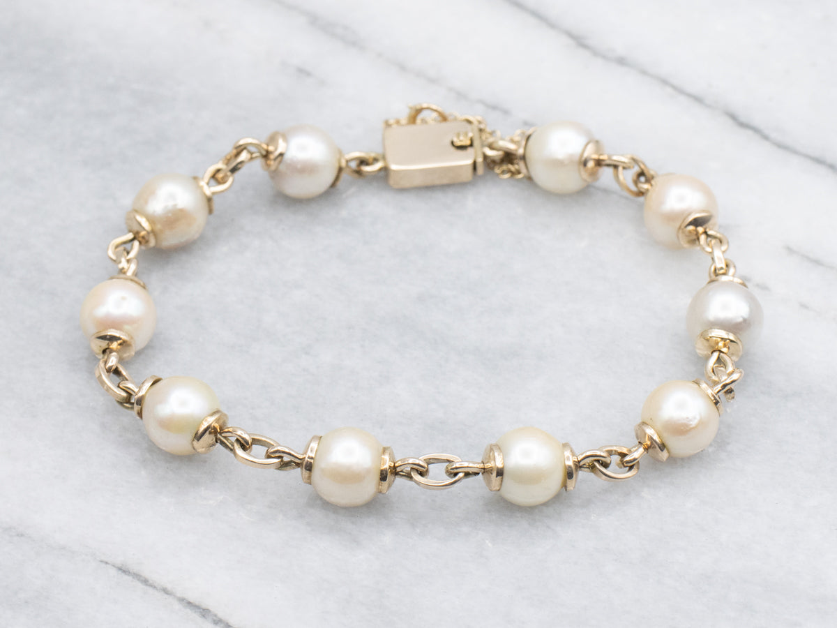 Vintage 14K Yellow Gold Pearl Link Bracelet