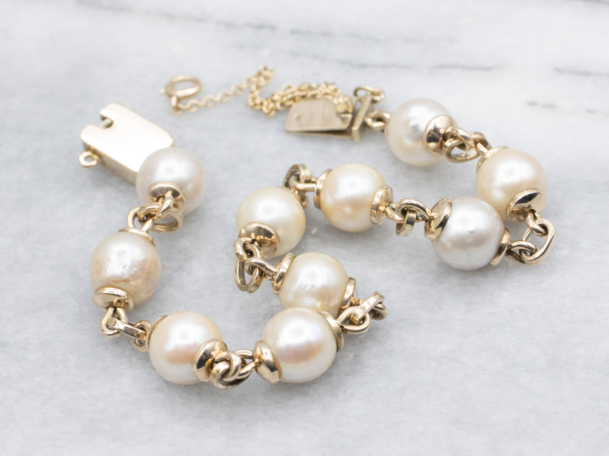 Vintage 14K Yellow Gold Pearl Link Bracelet