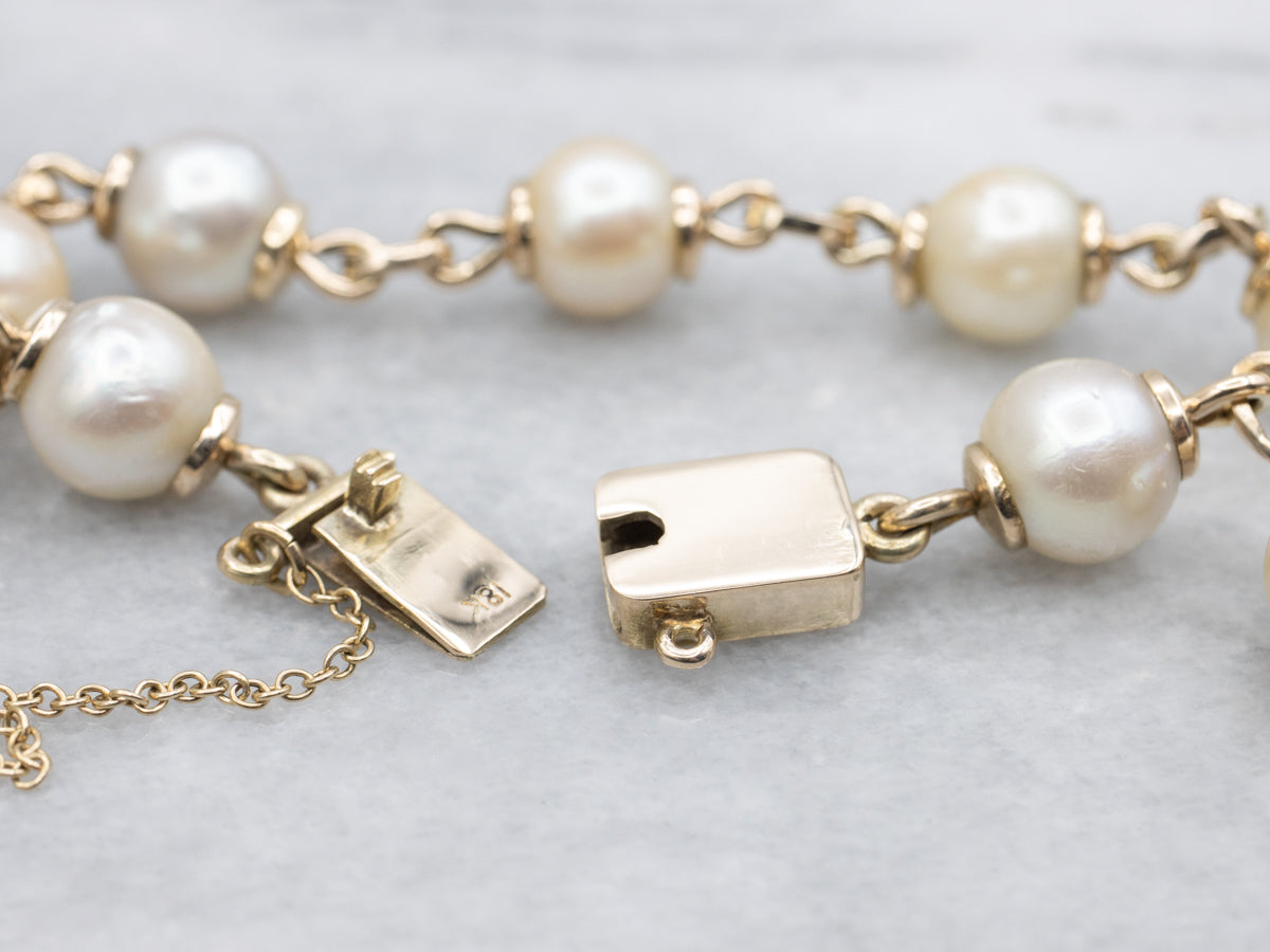 Vintage 14K Yellow Gold Pearl Link Bracelet