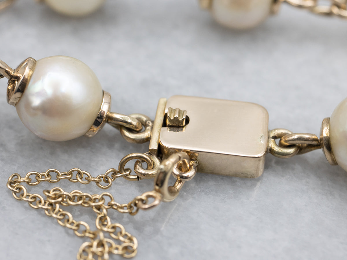 Vintage 14K Yellow Gold Pearl Link Bracelet