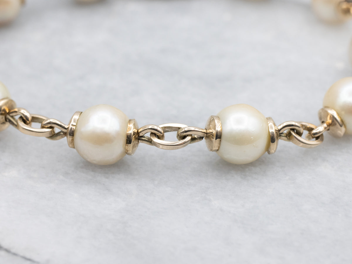 Vintage 14K Yellow Gold Pearl Link Bracelet